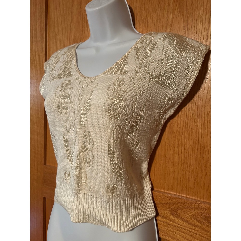 Vintage 90s Gold Cream Floral Knit Cropped Sweater Women's Top Grandmacore - Picture 2 of 7